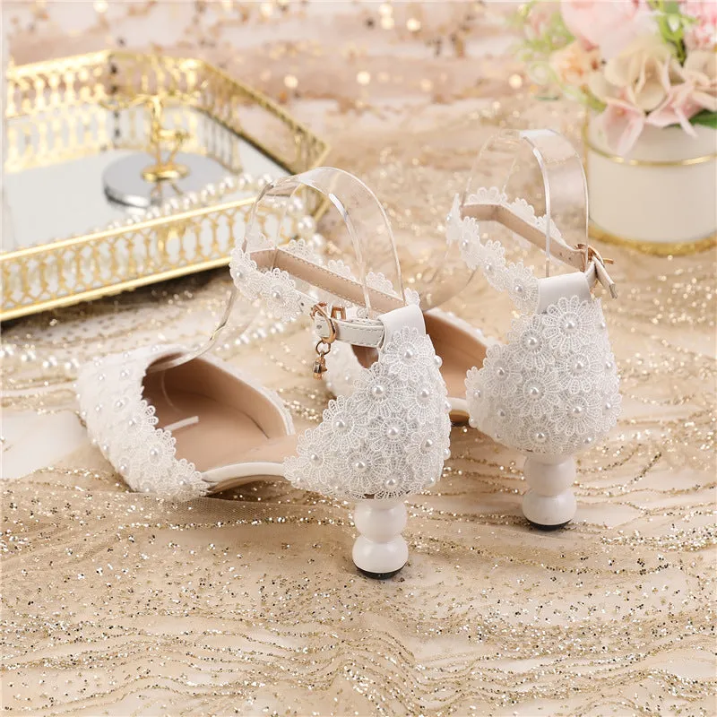 New Arrival White Lace Pearl Pointed Toe Wedding Shoes