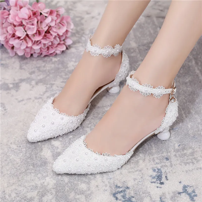 New Arrival White Lace Pearl Pointed Toe Wedding Shoes