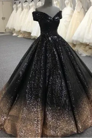 Off the Shoulder Black Ball Gown Sequins Prom Dresses