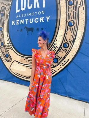 Orange Floral Ruffle V-neck Midi Dress