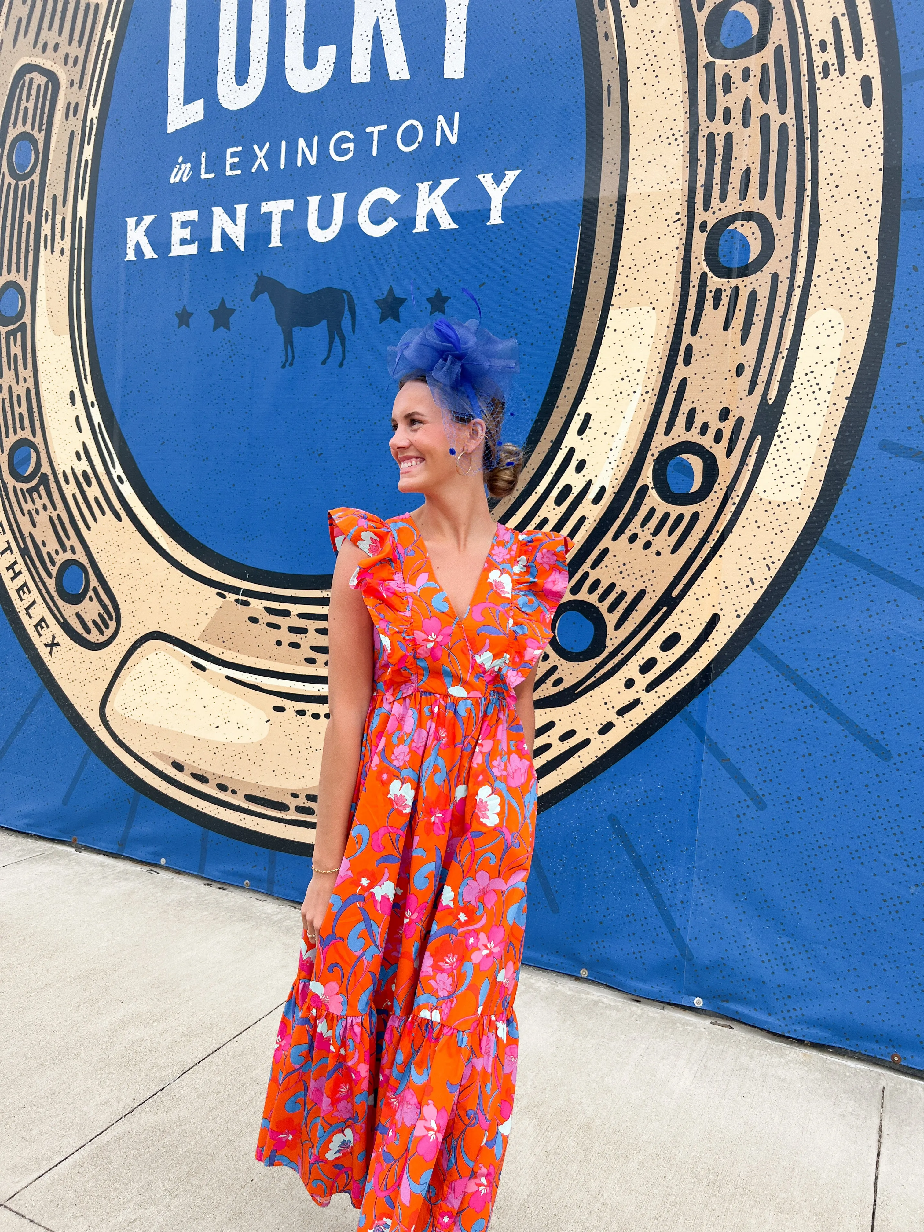Orange Floral Ruffle V-neck Midi Dress