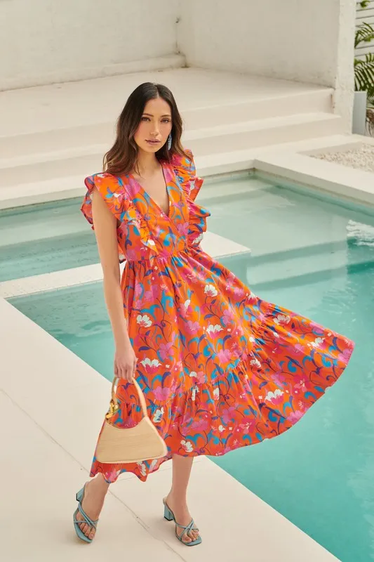 Orange Floral Ruffle V-neck Midi Dress