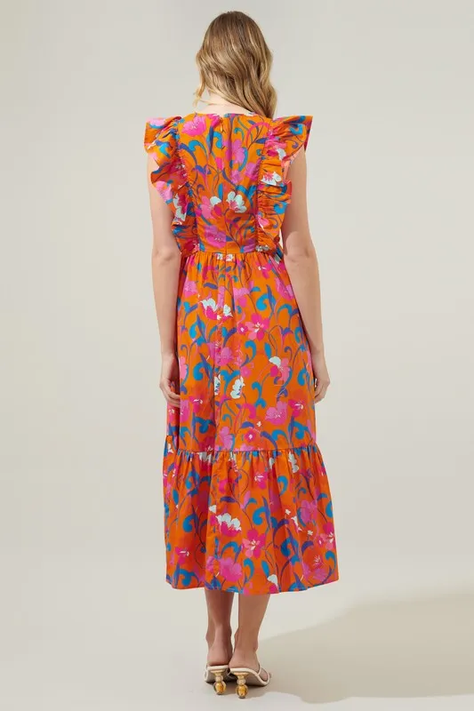 Orange Floral Ruffle V-neck Midi Dress