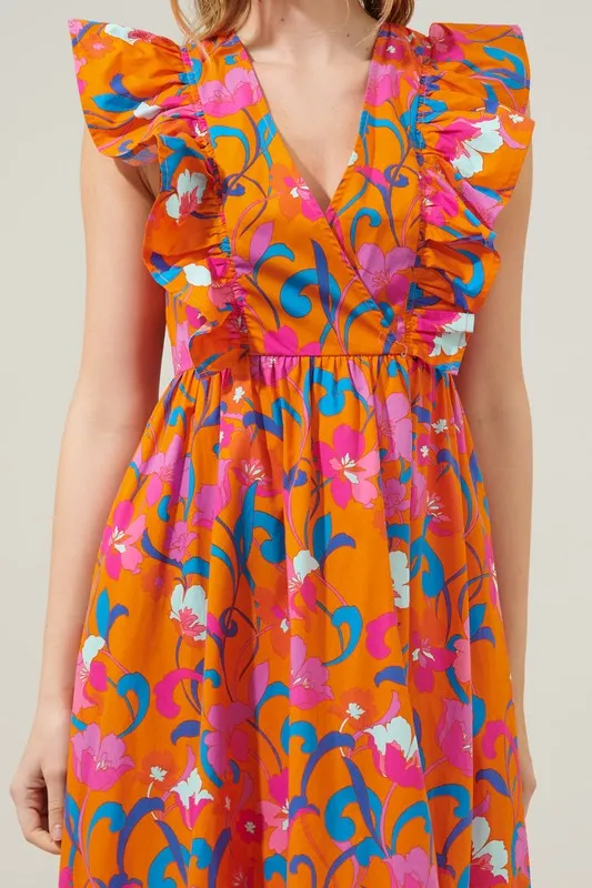 Orange Floral Ruffle V-neck Midi Dress
