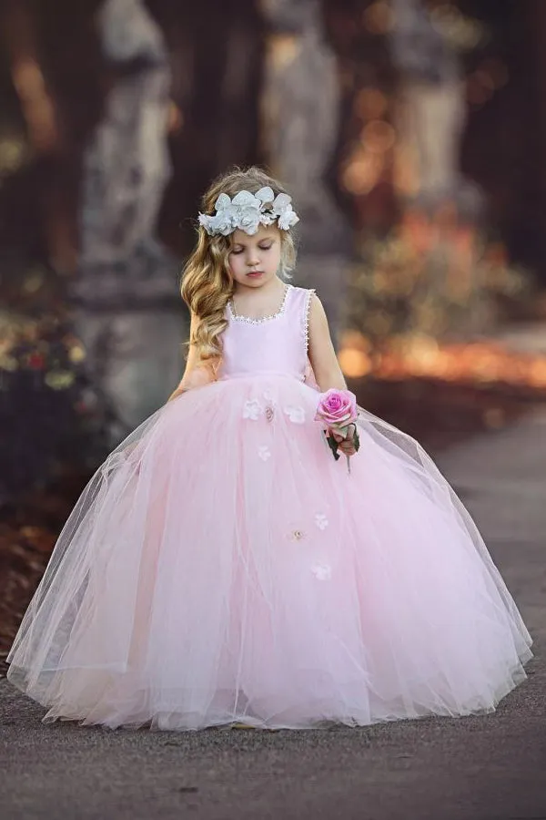 Princess Light Pink Ball Gown Tulle Flower Girl Dress OF124