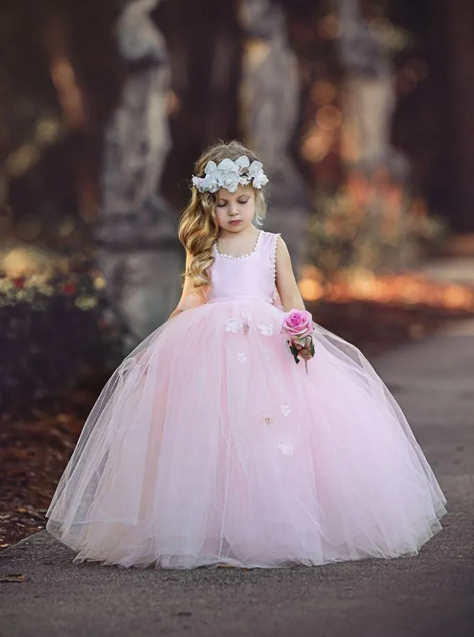Princess Light Pink Ball Gown Tulle Flower Girl Dress OF124