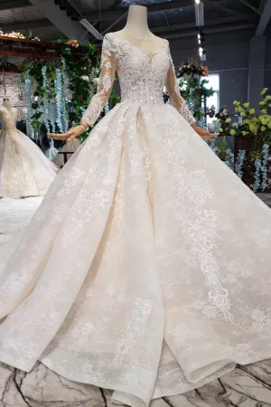 Princess Long Sleeves Sheer Neck Ball Gown Lace Wedding Dresses Long Bridal Dresses N1931