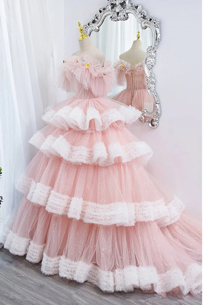 Princess Off the Shoulder Pink Prom Dress, Sparkly Ball Gown Long Quinceanera Dress UQP0307