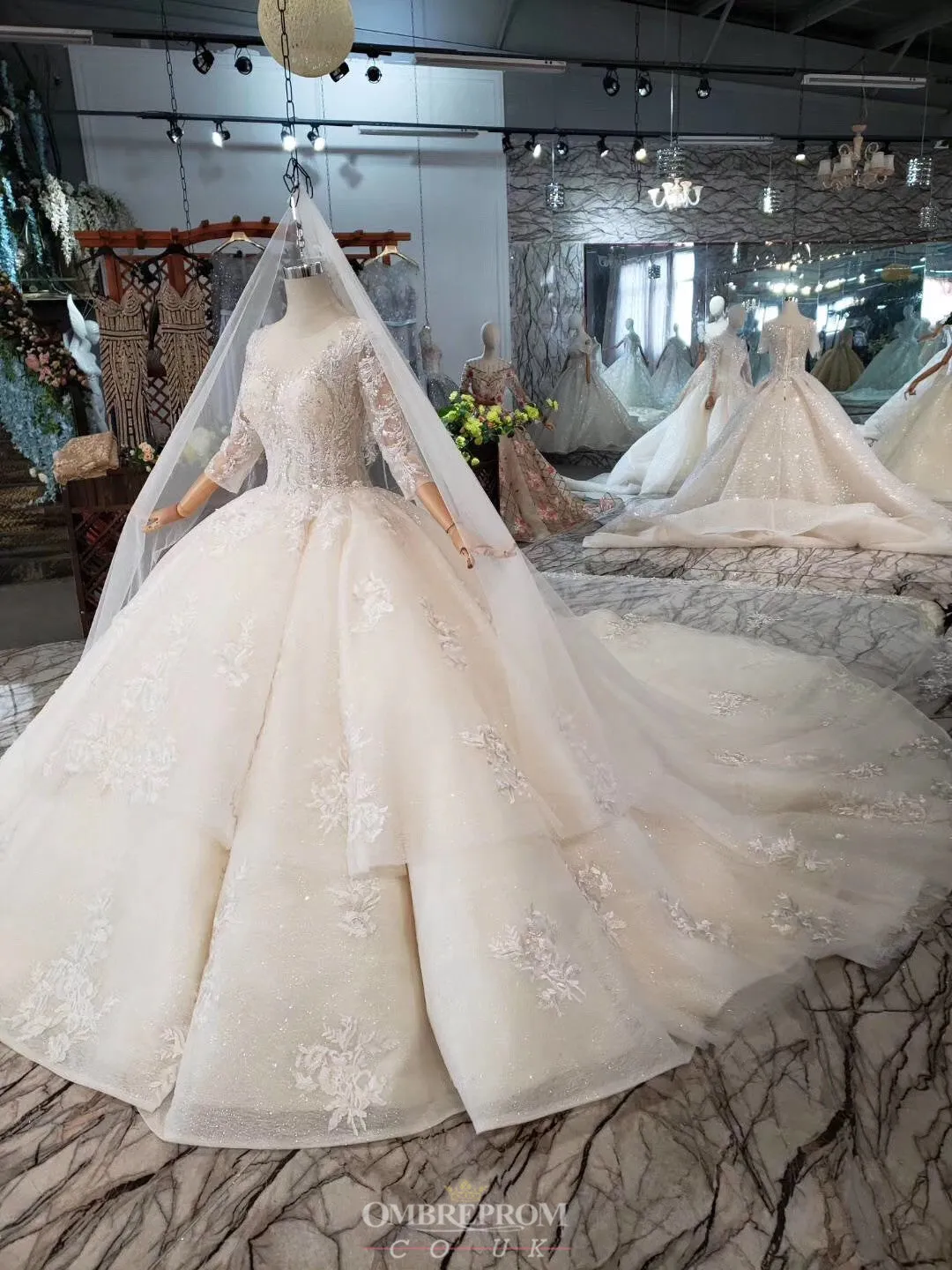 Princess Sheer Neckline Appliques Wedding Dress With 3/4 Sleeves OW409