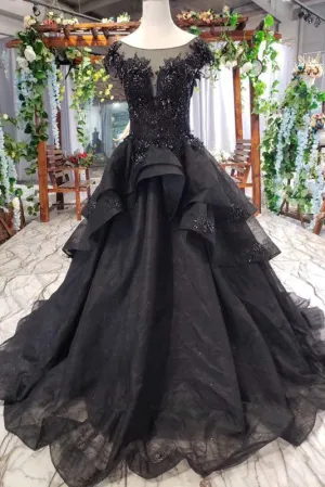 Puffy Cap Sleeves Lace Appliques Beaded Long Black Prom Dresses