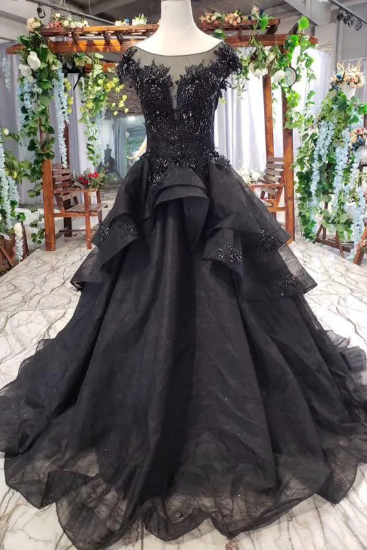 Puffy Cap Sleeves Lace Appliques Beaded Long Black Prom Dresses