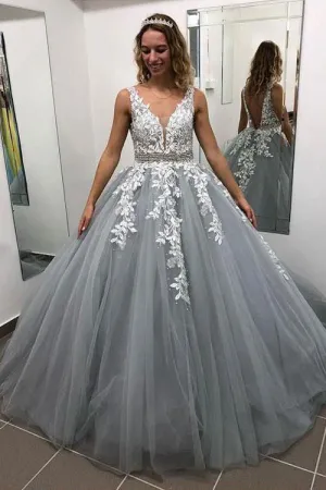 Puffy Gray V-Neck Appliqued Beading Tulle Long Prom Dresses