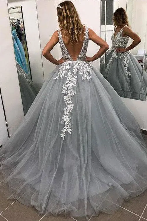 Puffy Gray V-Neck Appliqued Beading Tulle Long Prom Dresses