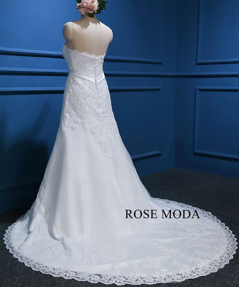 Rosemoda Bateau illusion Lace Ball Gown Wedding Dress with Crystal Belt