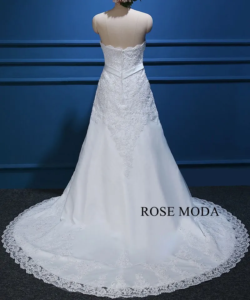 Rosemoda Bateau illusion Lace Ball Gown Wedding Dress with Crystal Belt