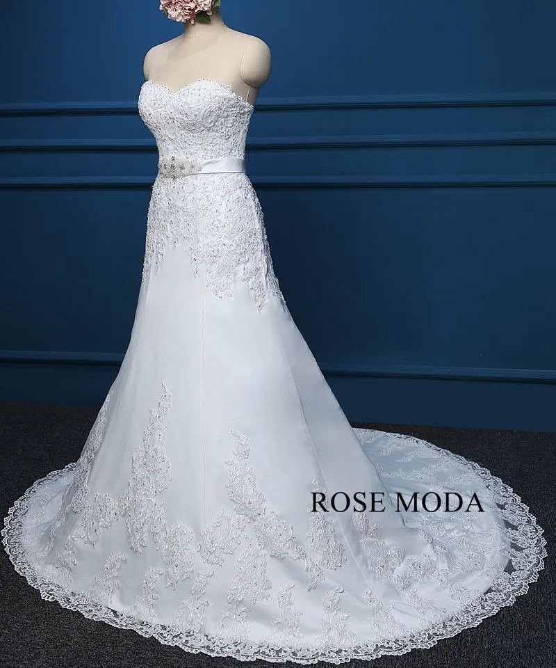 Rosemoda Bateau illusion Lace Ball Gown Wedding Dress with Crystal Belt