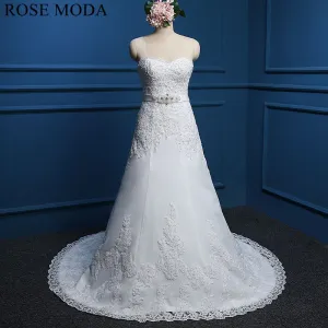 Rosemoda Bateau illusion Lace Ball Gown Wedding Dress with Crystal Belt