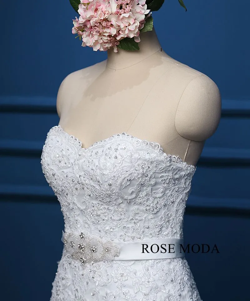 Rosemoda Bateau illusion Lace Ball Gown Wedding Dress with Crystal Belt
