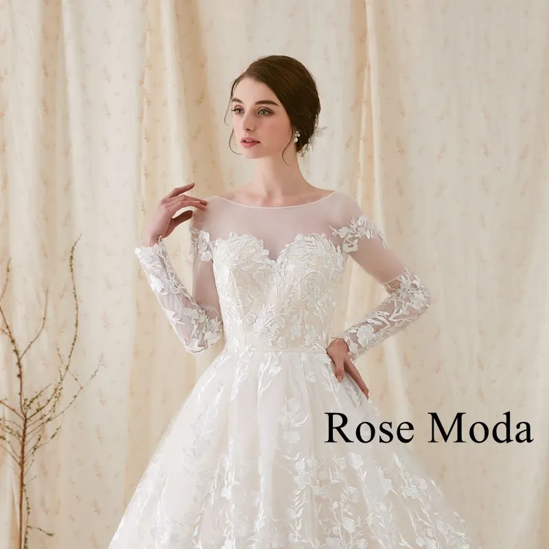 Rosemoda Long Sleeve Lace Ball Gown Wedding Dress With Low V Back