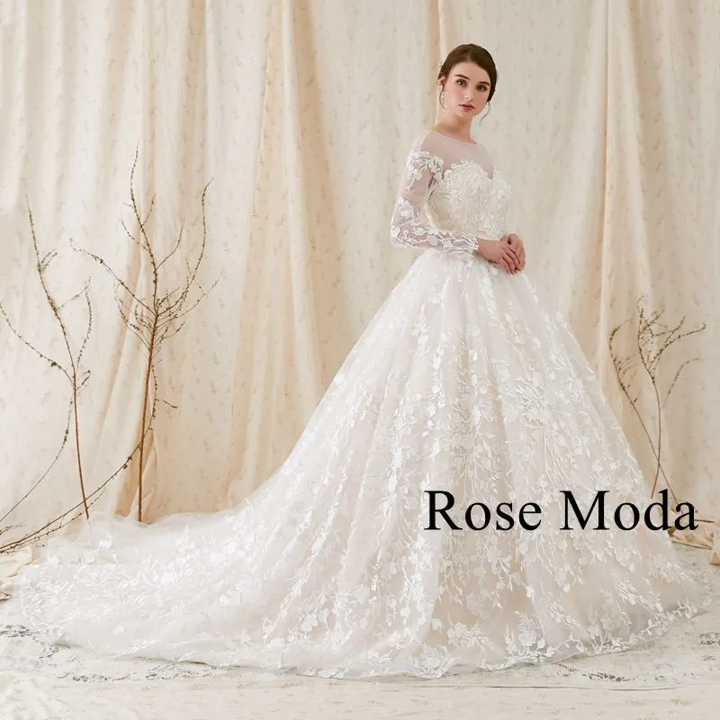 Rosemoda Long Sleeve Lace Ball Gown Wedding Dress With Low V Back
