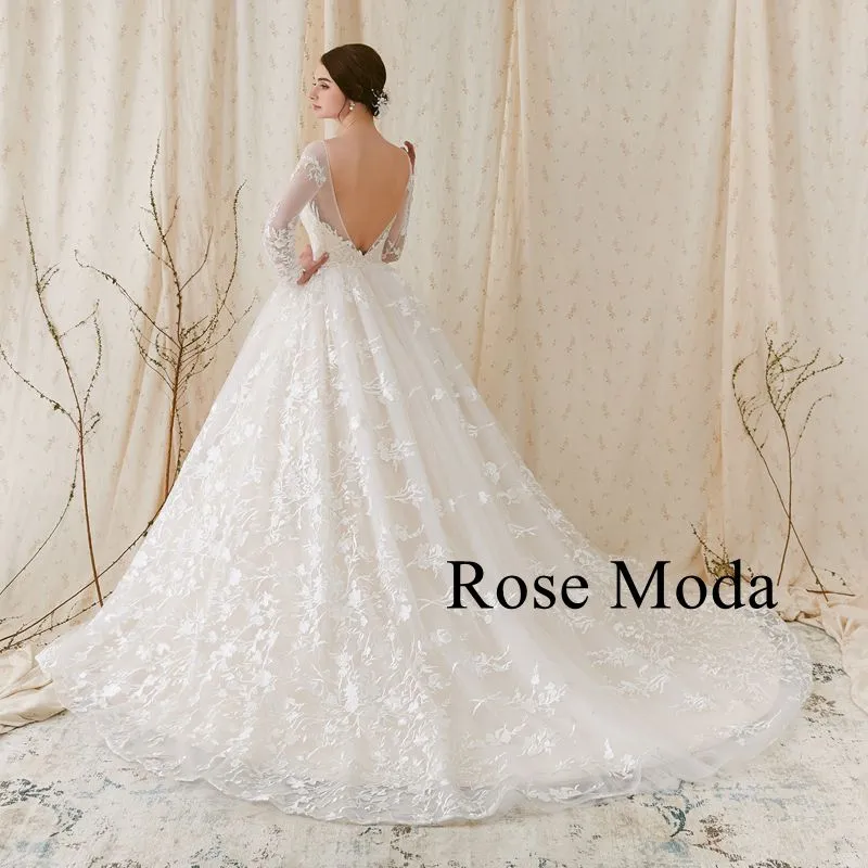 Rosemoda Long Sleeve Lace Ball Gown Wedding Dress With Low V Back