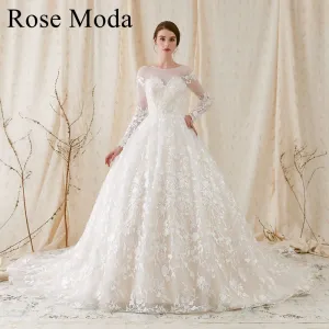 Rosemoda Long Sleeve Lace Ball Gown Wedding Dress With Low V Back