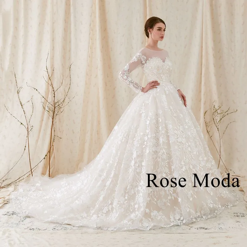 Rosemoda Long Sleeve Lace Ball Gown Wedding Dress With Low V Back