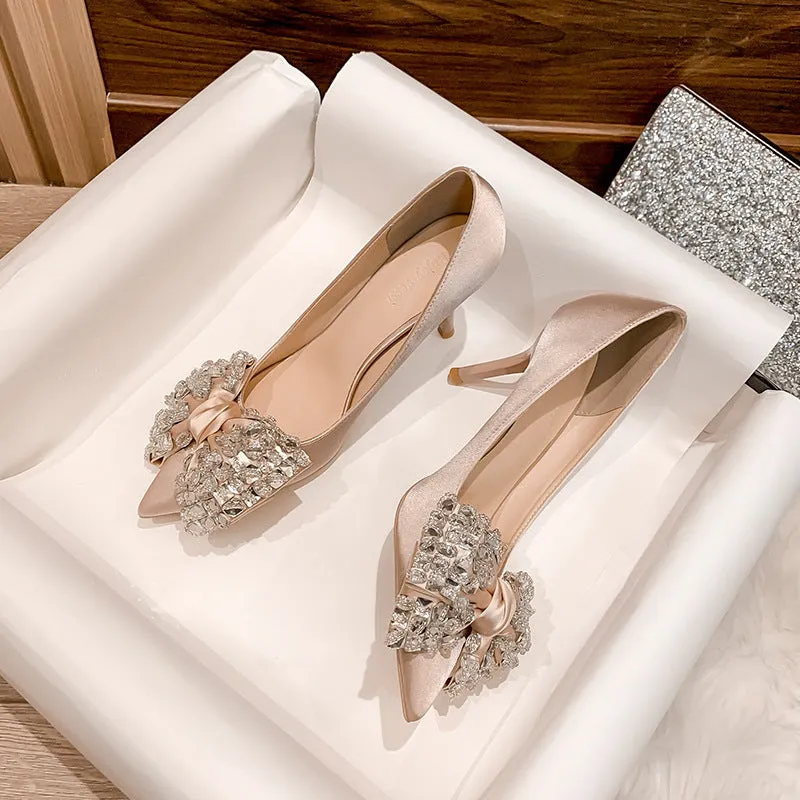 Satin Butterfly Bow Rhinestone Party Fashion Women's Shoes