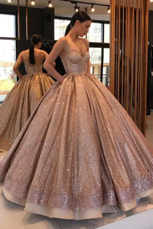Shiny Spaghetti Strap Ball Gown Sweetheart Prom Dresses Floor Length Sequin Party Dresses N1334