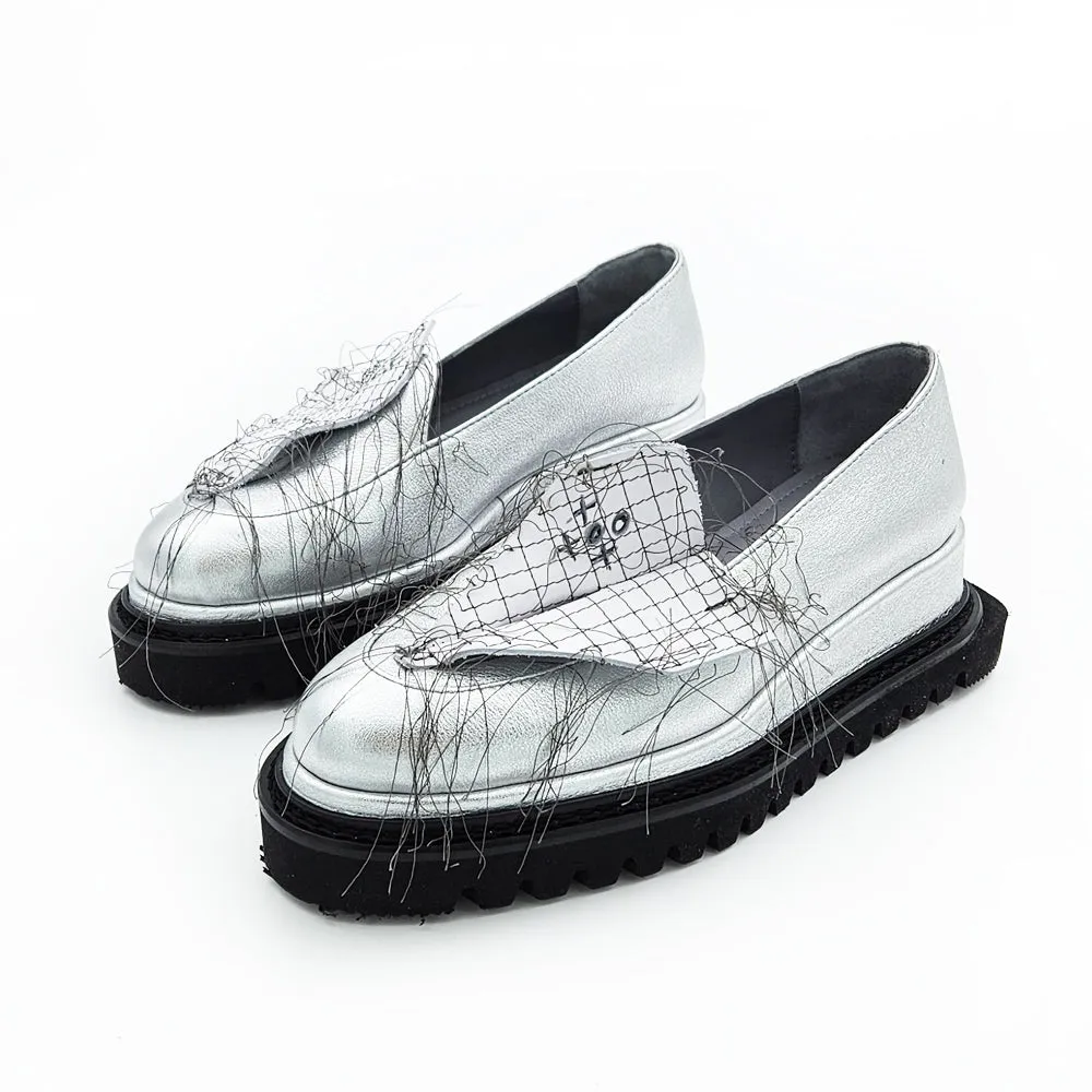SHR Paper Thoughts glossy silver leather shoes