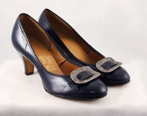 Size 5 Navy Shoes - Chic 1950s Dark Blue Heels with Mid Century Metal Buckles - 5B Deadstock - Spring - Pom Poms by Foot Flairs
