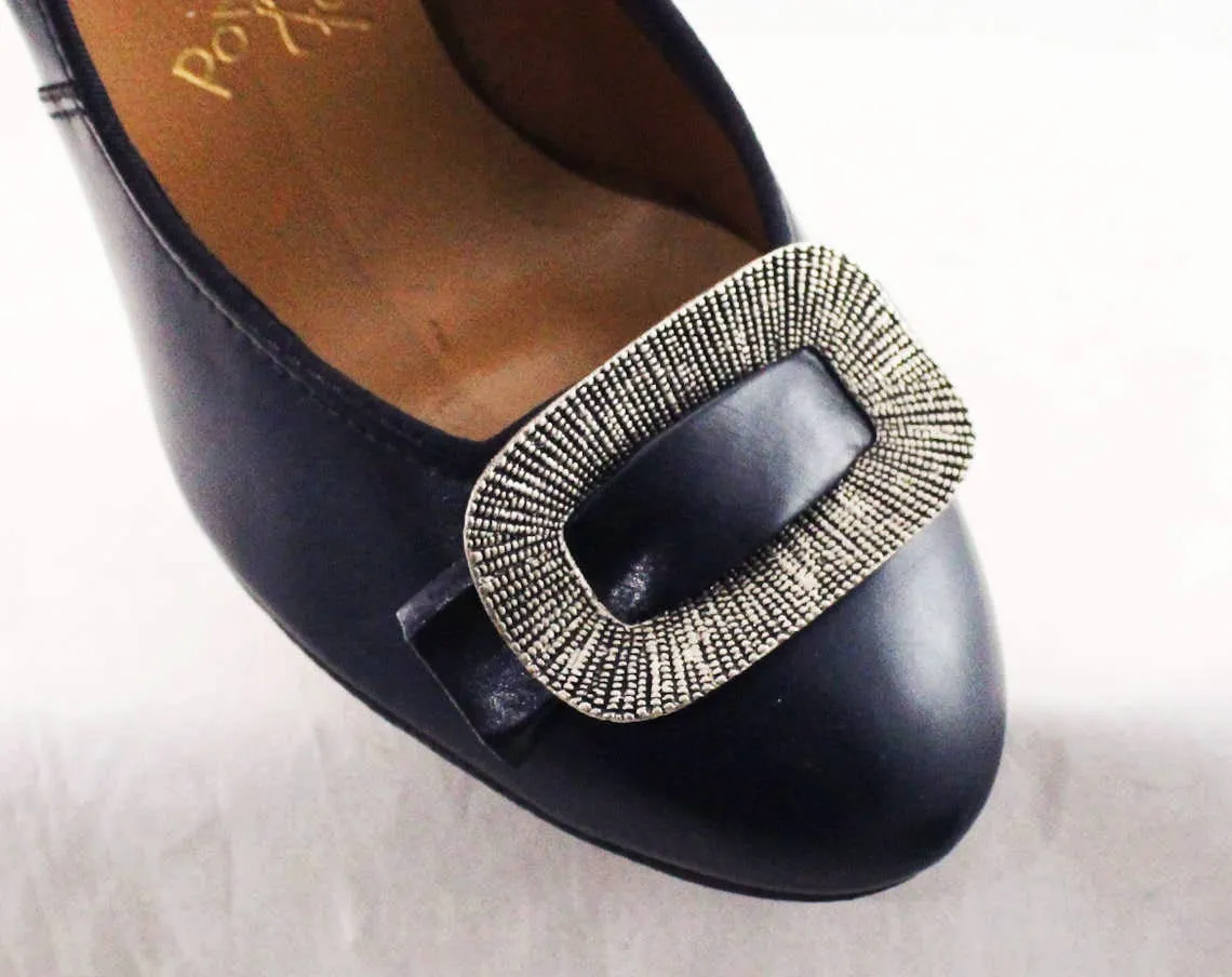 Size 5 Navy Shoes - Chic 1950s Dark Blue Heels with Mid Century Metal Buckles - 5B Deadstock - Spring - Pom Poms by Foot Flairs