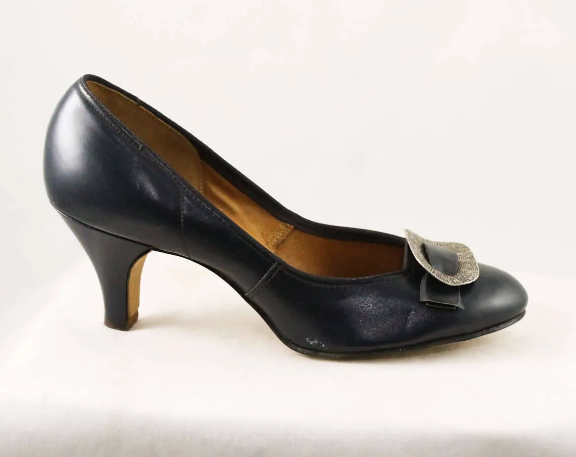 Size 5 Navy Shoes - Chic 1950s Dark Blue Heels with Mid Century Metal Buckles - 5B Deadstock - Spring - Pom Poms by Foot Flairs