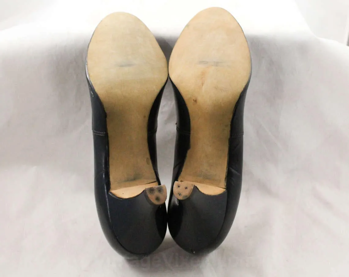 Size 5 Navy Shoes - Chic 1950s Dark Blue Heels with Mid Century Metal Buckles - 5B Deadstock - Spring - Pom Poms by Foot Flairs
