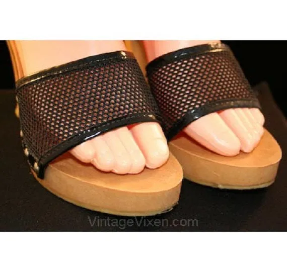 Size 7 Shoes - Vintage Vixen 1960s Black Mesh & Studded Sandals - Sexy 60s Casual Shoe - Fish Net Mesh Summer Chic Heels - 7B - 32338-1