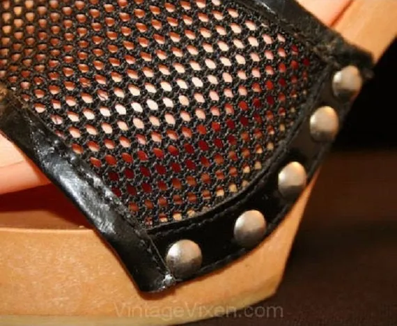 Size 7 Shoes - Vintage Vixen 1960s Black Mesh & Studded Sandals - Sexy 60s Casual Shoe - Fish Net Mesh Summer Chic Heels - 7B - 32338-1