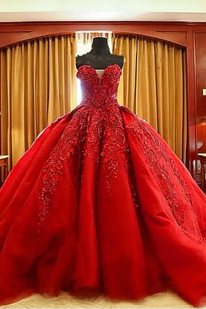 Sweetheart Sleeveless Lace Appiques Puffy Red Quinceanera Dresses N2079
