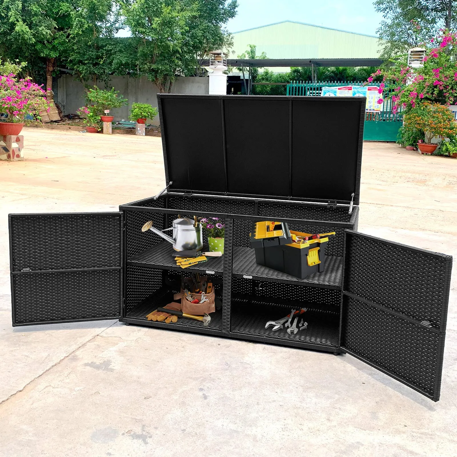 Tangkula Outdoor Wicker Storage Box, Garden Deck Bin with Steel Frame