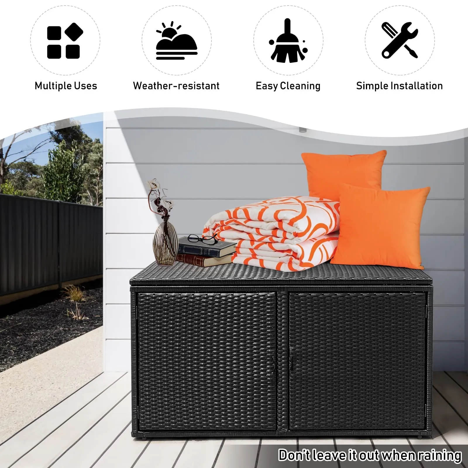 Tangkula Outdoor Wicker Storage Box, Garden Deck Bin with Steel Frame