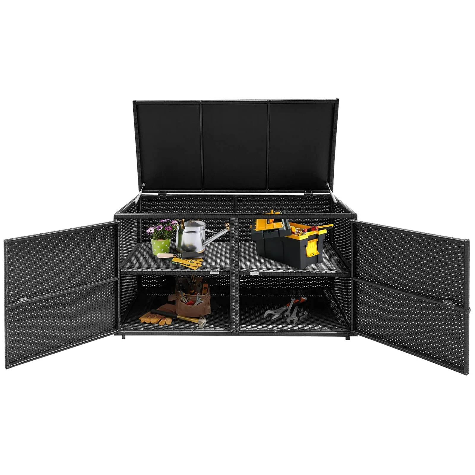 Tangkula Outdoor Wicker Storage Box, Garden Deck Bin with Steel Frame