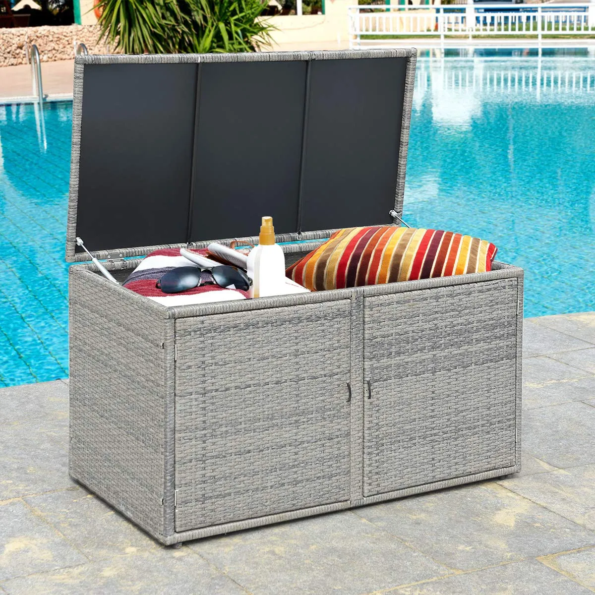 Tangkula Outdoor Wicker Storage Box, Garden Deck Bin with Steel Frame