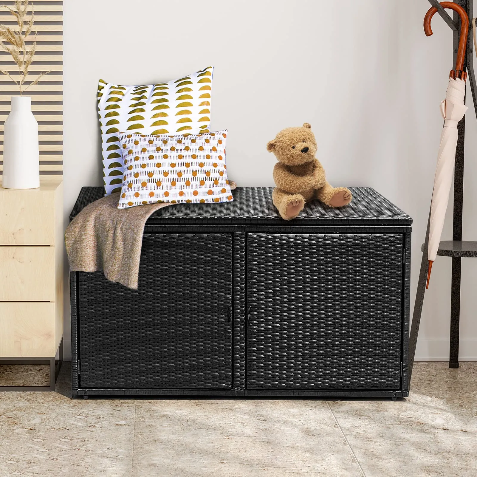 Tangkula Outdoor Wicker Storage Box, Garden Deck Bin with Steel Frame