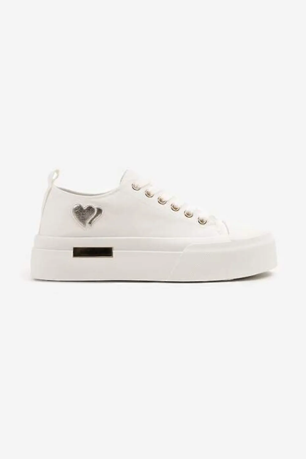 WHITE LACE UP HEART DETAIL CHUNKY STYLISH FLAT TRAINERS