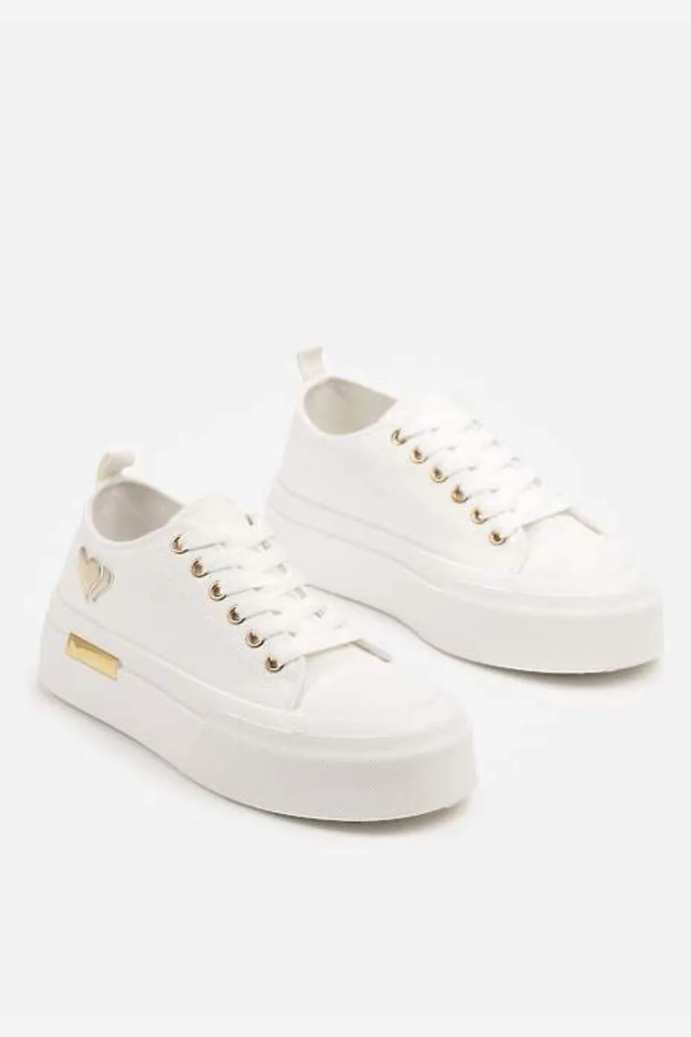 WHITE LACE UP HEART DETAIL CHUNKY STYLISH FLAT TRAINERS