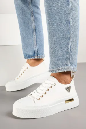 WHITE LACE UP HEART DETAIL CHUNKY STYLISH FLAT TRAINERS